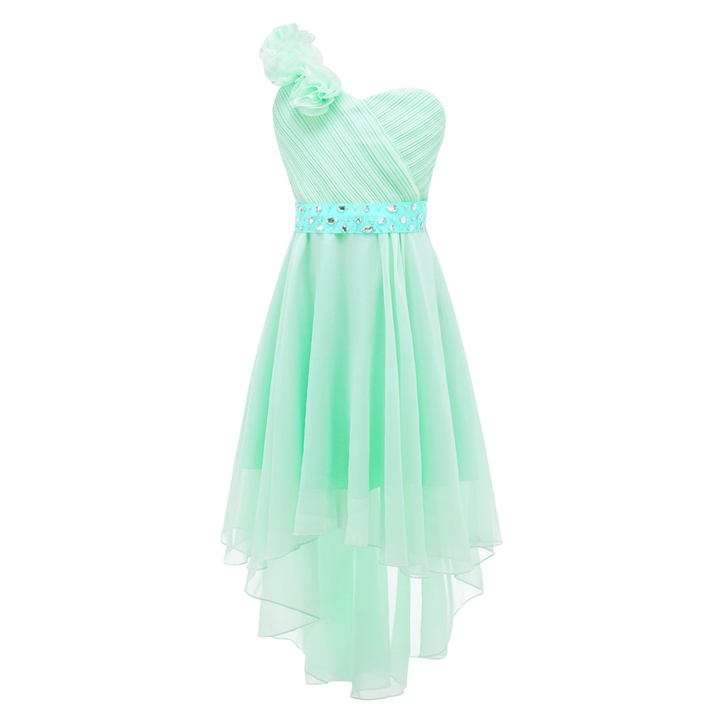 Girls Applique One-Shoulder Ruched Asymmetrical Hem Dress (Age 6-16YRS)