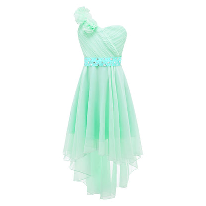 Girls Applique One-Shoulder Ruched Asymmetrical Hem Dress (Age 6-16YRS)