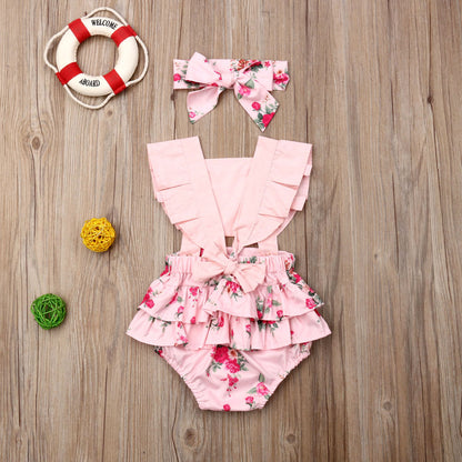 Baby Girls Pink Floral Print Ruffle Bodysuit Romper & Headband (Age 6m-24m)