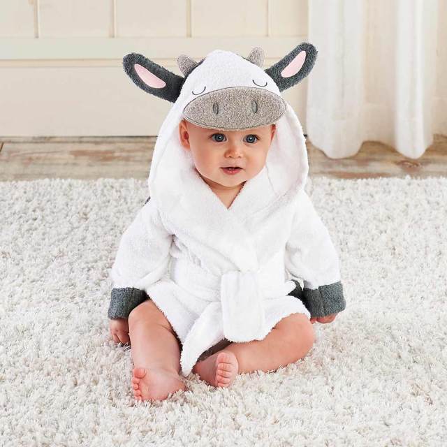 Baby Hooded Bathrobe (Age Newborn - 18M) 0-18M White Cow