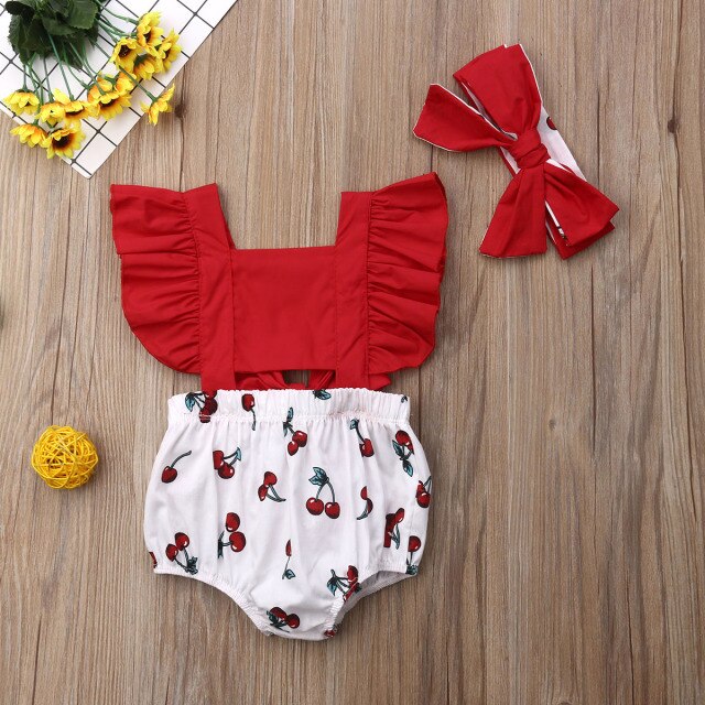 Baby Girls Red Cherry Print Romper & Headband Set (Age 3M-18M) Red