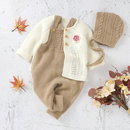 Baby Girls / Boys Knitted Romper Cardigan & Hat Set (Age 3M-18M)