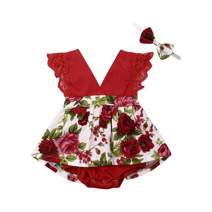 Baby Girls Burgundy Floral Romper & Headband (Age 6M-24m) Red