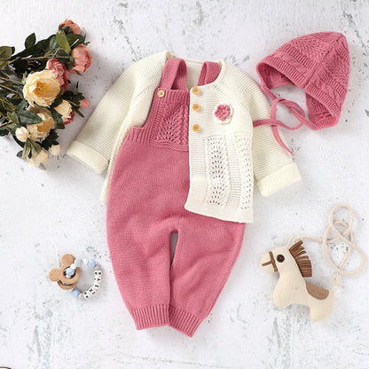 Baby Girls / Boys Knitted Romper Cardigan & Hat Set (Age 3M-18M) Pink-White