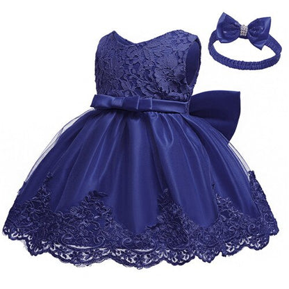 Baby Girls Lace Large Bow Tulle Dress & Headband (Age 3M-24M) navy blue