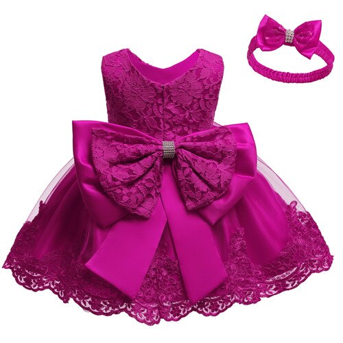 Baby Girls Lace Large Bow Tulle Dress & Headband (Age 3M-24M) rose red
