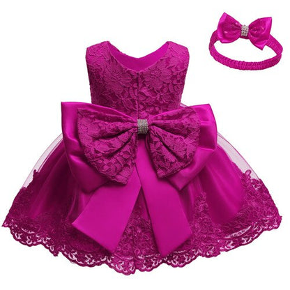Baby Girls Lace Large Bow Tulle Dress & Headband (Age 3M-24M) rose red