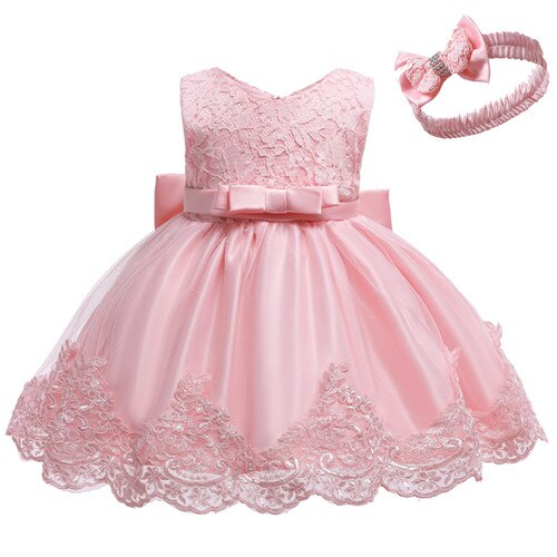 Baby Girls Lace Large Bow Tulle Dress & Headband (Age 3M-24M) pink