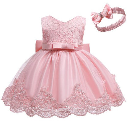 Baby Girls Lace Large Bow Tulle Dress & Headband (Age 3M-24M) pink