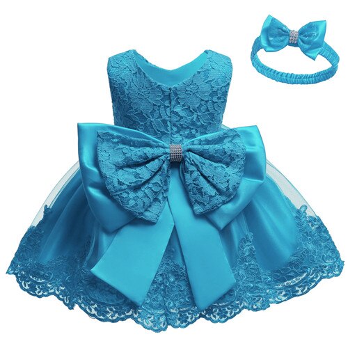 Baby Girls Lace Large Bow Tulle Dress & Headband (Age 3M-24M) blue
