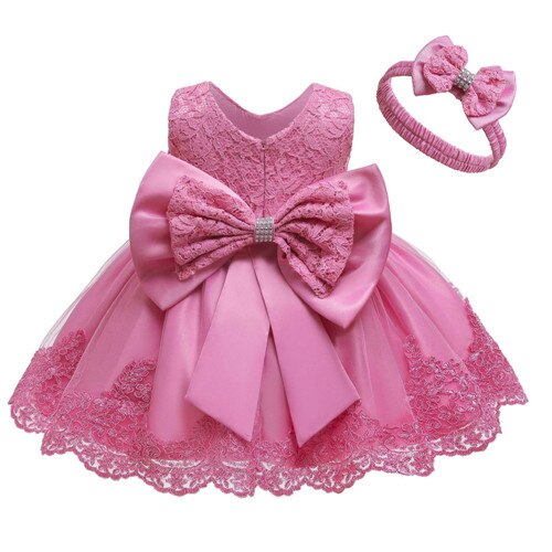 Baby Girls Lace Large Bow Tulle Dress & Headband (Age 3M-24M) Bean red