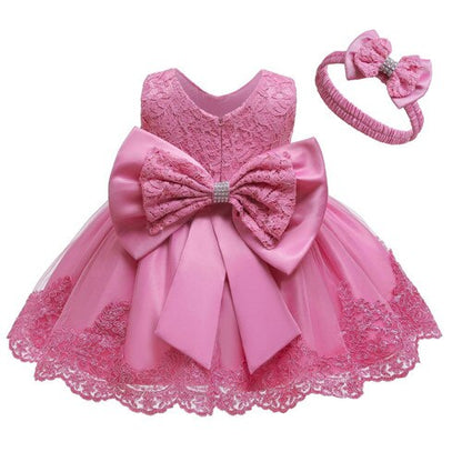 Baby Girls Lace Large Bow Tulle Dress & Headband (Age 3M-24M) Bean red