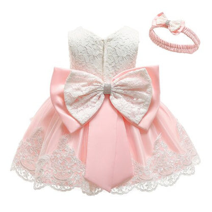 Baby Girls Lace Large Bow Tulle Dress & Headband (Age 3M-24M) beige pink