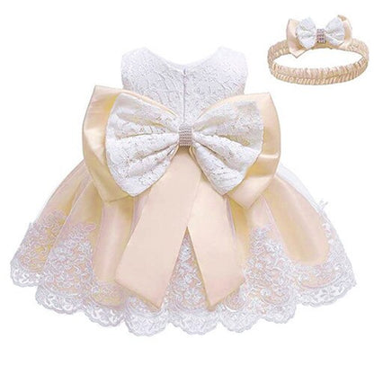 Baby Girls Lace Large Bow Tulle Dress & Headband (Age 3M-24M) beige champagne
