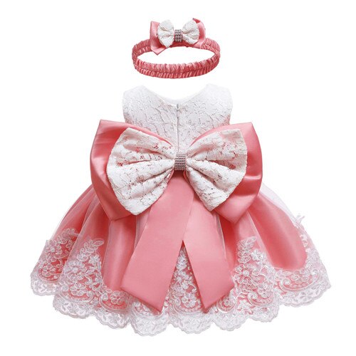 Baby Girls Lace Large Bow Tulle Dress & Headband (Age 3M-24M) beige red