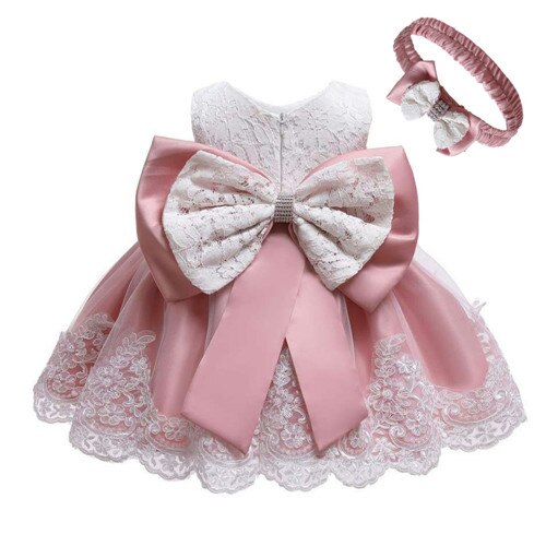 Baby Girls Lace Large Bow Tulle Dress & Headband (Age 3M-24M) beige Bean Paste