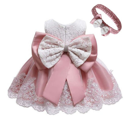 Baby Girls Lace Large Bow Tulle Dress & Headband (Age 3M-24M) beige Bean Paste