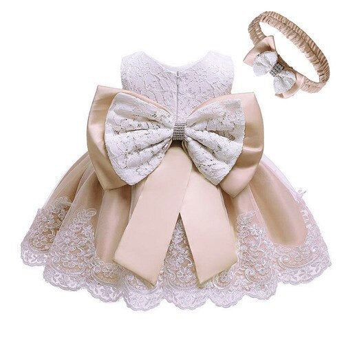 Baby Girls Lace Large Bow Tulle Dress & Headband (Age 3M-24M) beige apricot