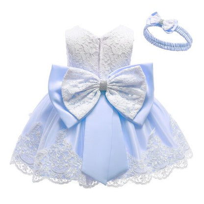 Baby Girls Lace Large Bow Tulle Dress & Headband (Age 3M-24M) beige sky blue