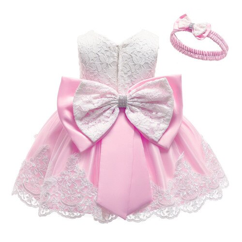 Baby Girls Lace Large Bow Tulle Dress & Headband (Age 3M-24M) beige pink 2