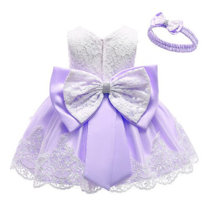 Baby Girls Lace Large Bow Tulle Dress & Headband (Age 3M-24M) beige Purple