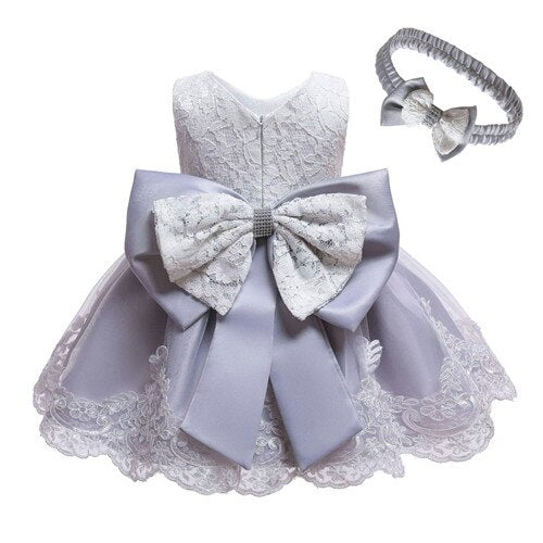 Baby Girls Lace Large Bow Tulle Dress & Headband (Age 3M-24M) beige gray