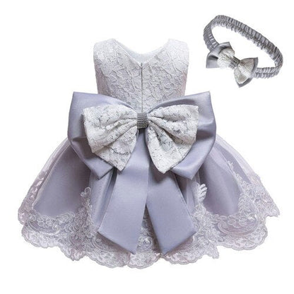 Baby Girls Lace Large Bow Tulle Dress & Headband (Age 3M-24M) beige gray