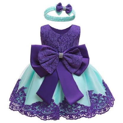 Baby Girls Lace Large Bow Tulle Dress & Headband (Age 3M-24M) Purple green