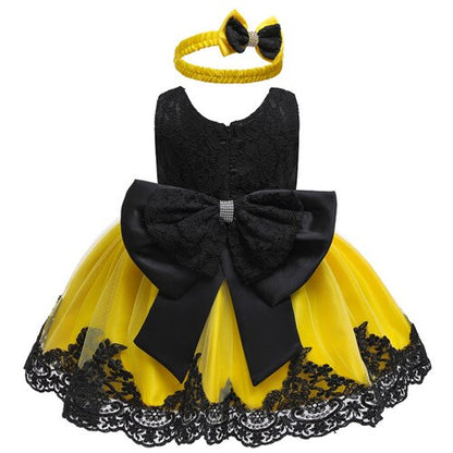 Baby Girls Lace Large Bow Tulle Dress & Headband (Age 3M-24M) black