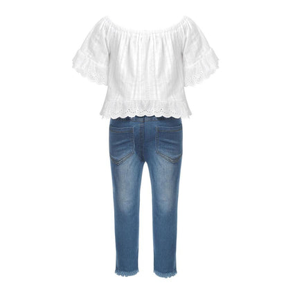 Girls White Bardot Top & Jeans Set (Age 24M-14YRS)