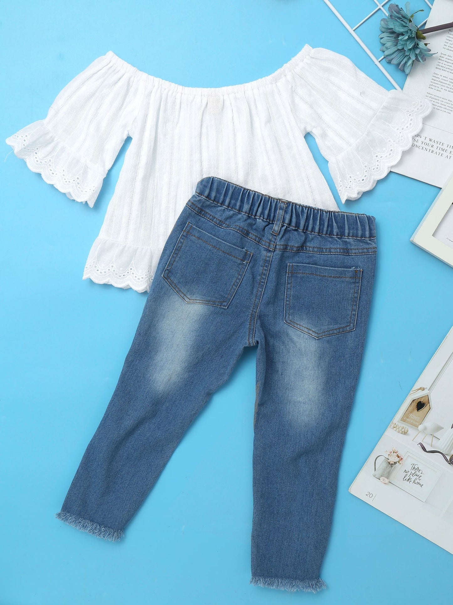 Girls White Bardot Top & Jeans Set (Age 24M-14YRS)