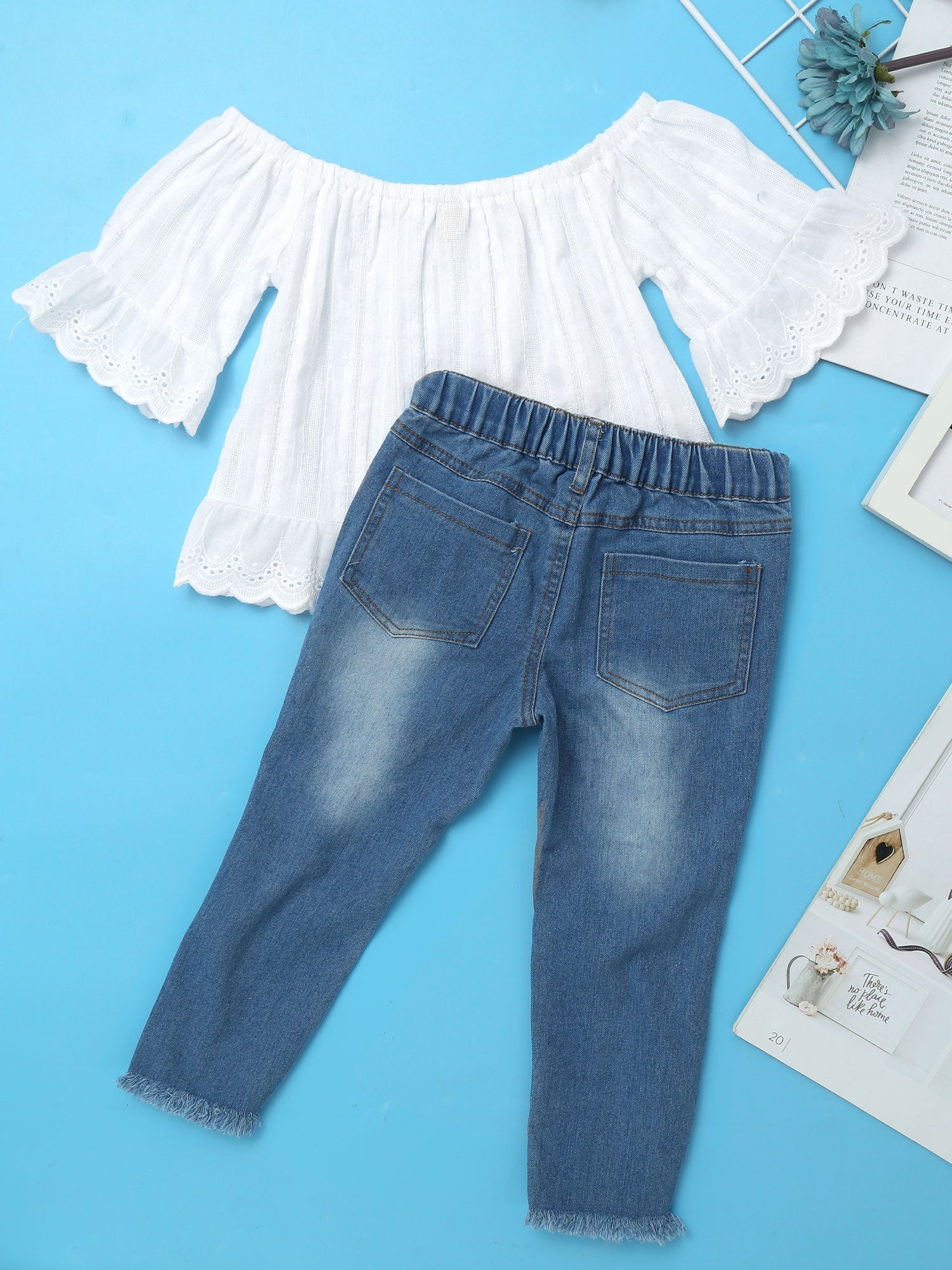 Girls White Bardot Top & Jeans Set (Age 24M-14YRS)
