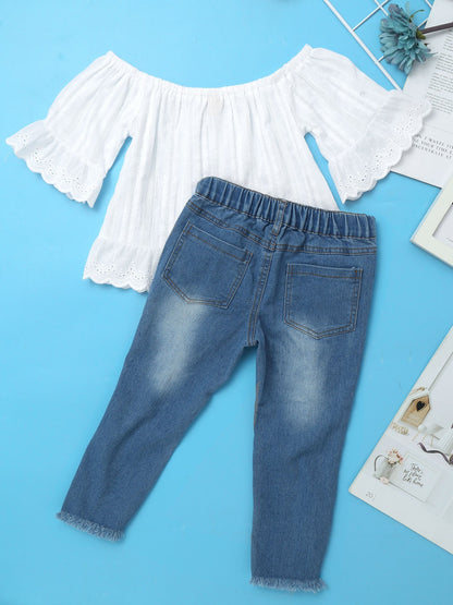 Girls White Bardot Top & Jeans Set (Age 24M-14YRS)