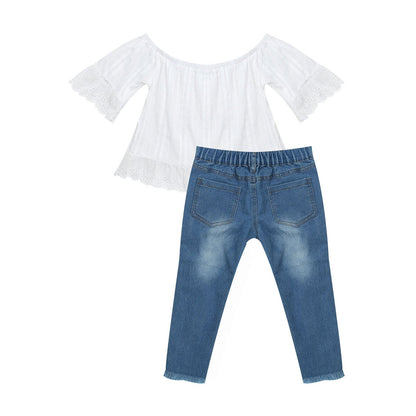 Girls White Bardot Top & Jeans Set (Age 24M-14YRS)