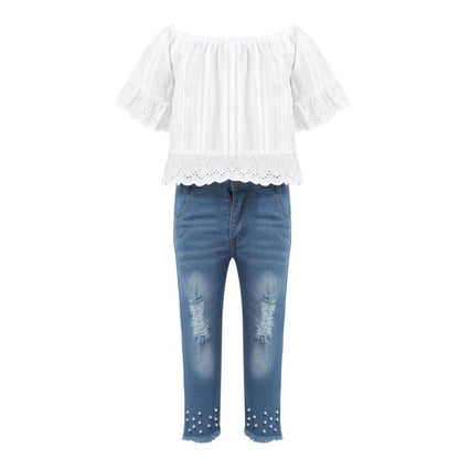 Girls White Bardot Top & Jeans Set (Age 24M-14YRS) White