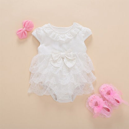 Baby Girls Pink Ruffle Romper Dress With Bow & Booties (Age 3M - 9M) White
