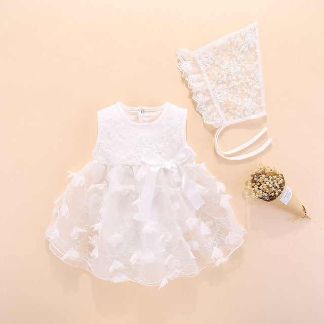Girls Red Mesh Embroidered Dress & Bonnet Hat (Age Newborn - 12M) White